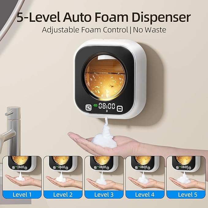 Automatic Foaming Soap Dispenser, Wall Mounted Soap Dispenser, 320ML Electric Smart Touchless Rechargeable, 5 Adjustable Foam Levels, No-Drill Waterproof for Bathroom, Kitchen, Office (White)