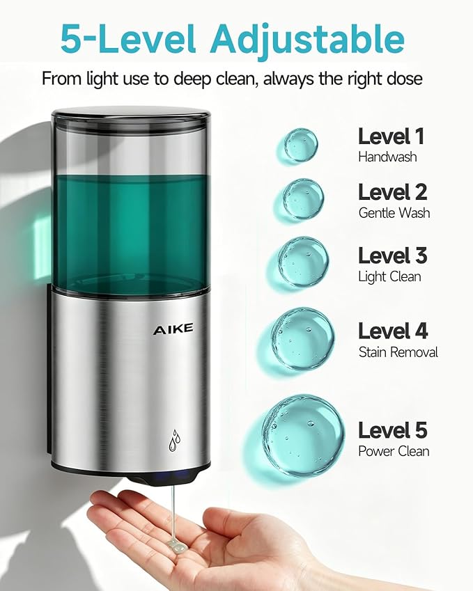 AIKE Automatic Wall Mount Liquid Soap Dispenser for Home and Commercial Bathroom 13.5oz IPX7 Waterproof,Brushed Stainless Steel