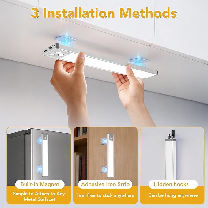 13 inch Under Cabinet Lighting, LED Motion Sensor Light Indoor with 3 Color Temps, 2500mAh USB Rechargeable Closet Light, Dimmable Wireless Under Counter Lights for Stairway, Wardrobe, Kitchen(2 Pack)