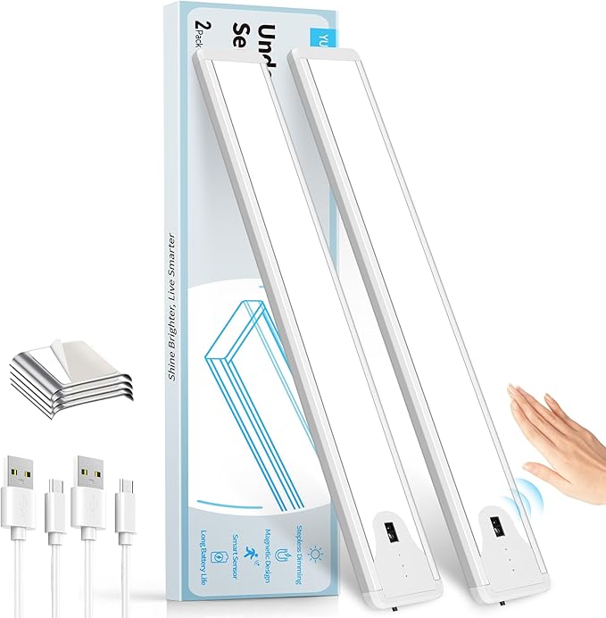 16 Inch Under Cabinet Light, Hand Wave Sensor LED Cabinet Lighting, Rechargeable Wireless Closet Light, Stepless Dimming Under Counter Light for Kitchen, 2 Pack
