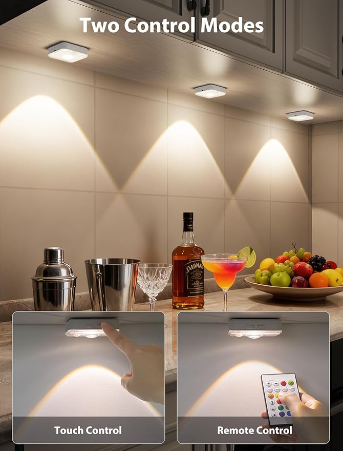 GBEAST 6 Pack Under Cabinet Lighting, Puck Lights with Remote,Motion Sensor Light Indoor,3 Color Temps & 9 RGB Colors Dimmable Closet Light,Rechargeable Under Counter Lights for Kitchen,Bedroom,Shelf