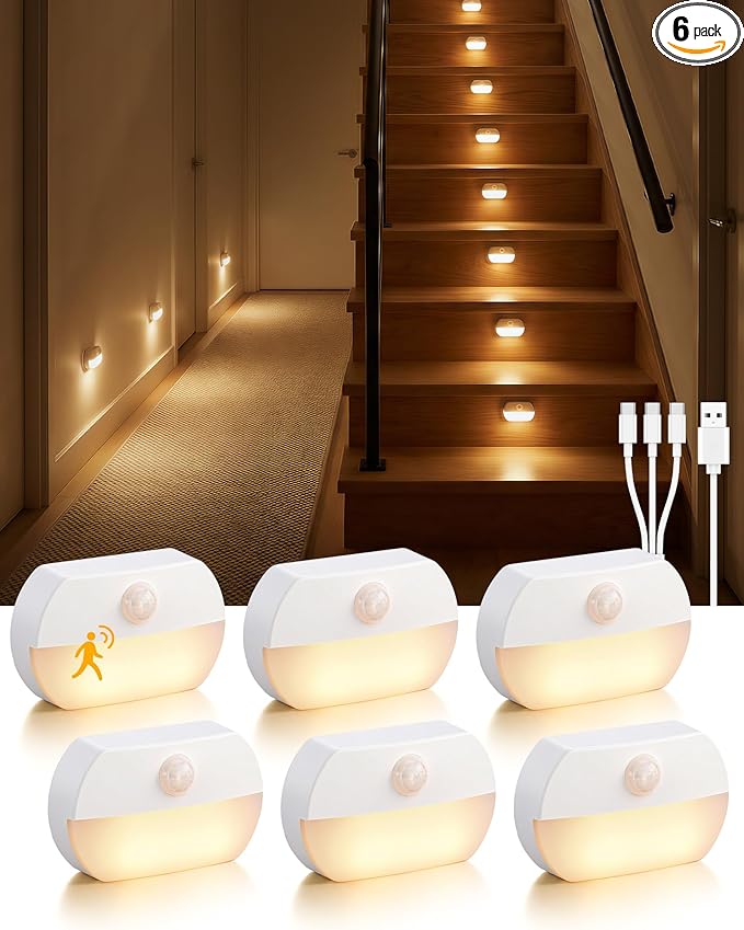 6 Pack Rechargeable Motion Sensor Stair Lights, Indoor Hallway Wall Light, Magnetic Wireless Peel and Stick On Closet Light, Battery Operated LED Night Lights for Step Bedroom Cabinet Toilet Bathroom