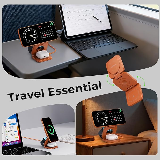KU XIU QI 2.2 25W 3-in-1 Charging Station for Apple Device, Foldable Magnetic Charger for iPhone 17/16, 5W for Apple Watch & AirPods, Fast Travel Wireless Charging Stand with 45W Adapter