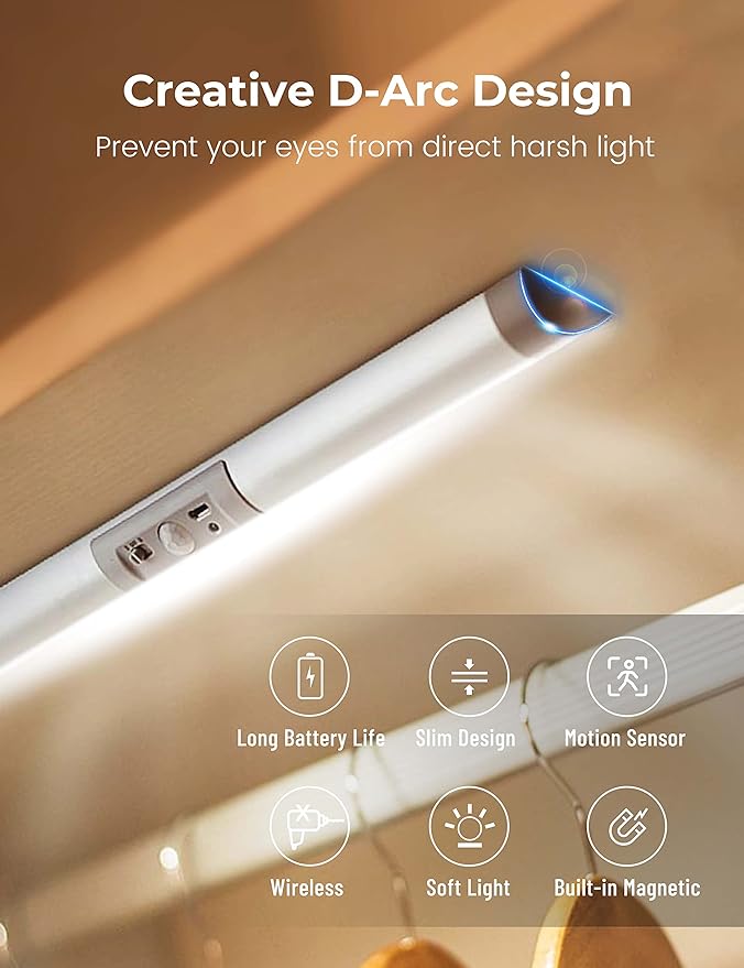 Joyzy Automatic Motion Sensor Closet Lights with Eye-Protection Design Closet Lighting, LED Rechargeable Cabinet Light Battery Operated Wardrobe Light for Wireless Pantry Sink (80Lumen, 6000k 80+CRI)