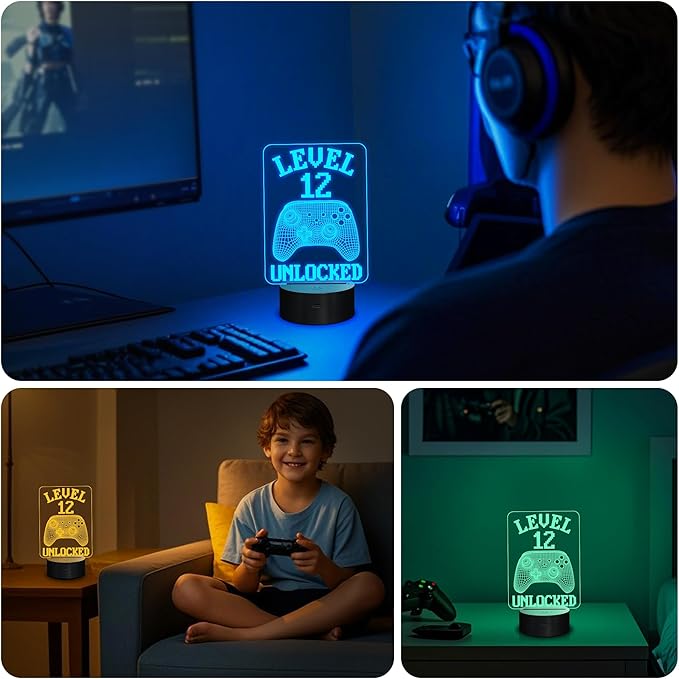 YuanDian Gamer Gifts, Level 12 Unlocked Gaming Controller Graphic Funny 3D Illusion Lamp 16 Colors Changing Touch & Remote Control, Desk Decor Gift for Gamers Teenagers and Kids
