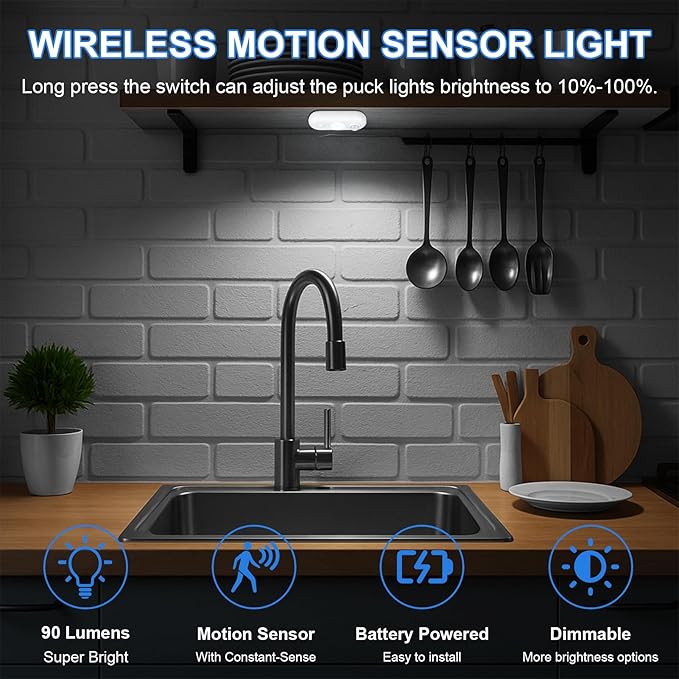 LED Motion Sensor Light Indoor, Magnetic Under Cabinet Lighting Daylight White, Dimmable Rechargeable Puck Lights for Closet, Kitchen, Stairs(4 Pack)