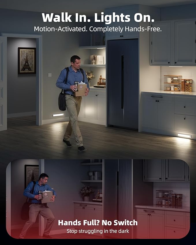 Under Cabinet Lighting Wireless, Rechargeable Battery Motion Sensor Light Indoor, LED Closet Lights USB Charging, 3 Color Dimmable Under Cabinet Lights for Kitchen, Cabinet, Wardrobe (3 Pcs) 12in