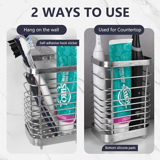 Wall Mount Toothbrush Holder for Bathroom, Stainless Steel Rustproof Toothbrush and Toothpaste Holder Organizer, Electric Toothbrush Holder Self Adhesive Wallmount/Countertop Organizer(Silver)
