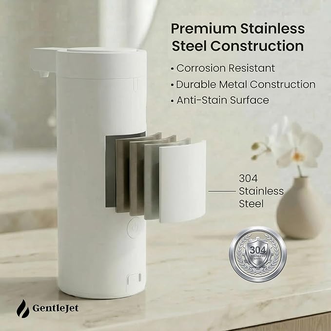 GentleJet SmoothDrop Automatic Liquid Soap Dispenser Touchless, No-Drip Precision Pump, USB-C Rechargeable, 304 Stainless Steel, Waterproof Countertop Dispenser for Kitchen & Bathroom Sink, 270 ml