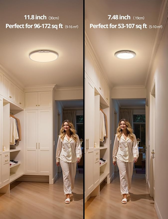 Combuh Rechargeable Battery Operated Ceiling Light for Shower Inside Wireless, 105 Day Battery Life Powered 11.8Inch Bright Waterproof Magnetic RGB Overhead Lighting without Wiring for Closet Bathroom
