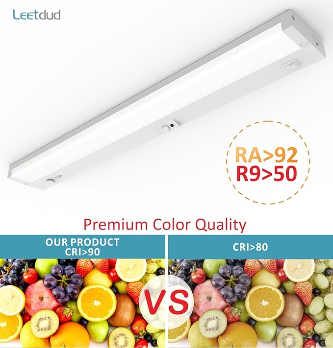 Leetdud LED Under Cabinet Lighting Motion Sensored Hardwired with Built-in Dimmer, 24 Inch 12W Dimmable 5 Color 2700/3000/3500/4000/5000K, Linkable Eyes Care for Kitchen, Counter, ETL Listed, White