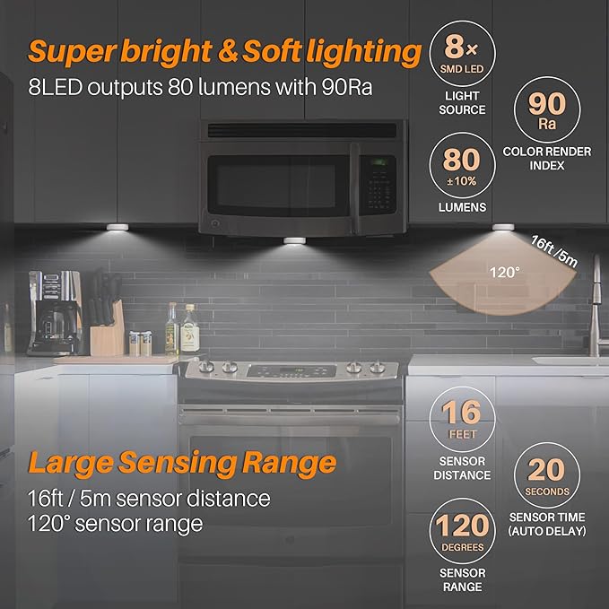 STAR-SPANGLED 3 Pack 3.1” Motion Sensor Lights Indoor AA Battery Operated, Stick on LED Puck Light for Closet, Stairs, Under Cabinet, Kitchen, Cool White