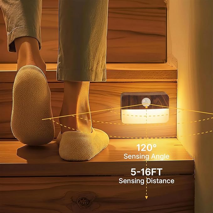 Guankai 3 Pack Motion Sensor Stair Light for Indoor, Battery Operated Closet Lights, Wireless Stick on Anywhere Hallway Lamp, Portable Led Night Lamps for Bedroom Under Cabinet Kitchen, Wood Grain