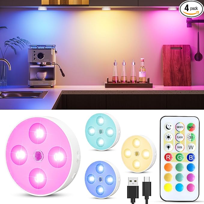 HOMEBEST RGB Puck Lights with Remote & Motion Sensor – 1500mAh Rechargeable Under Cabinet Lighting for Kitchen, Closet & Stairs – 13 Colors, Magnetic Stick-On Lights, 4 Pack