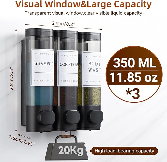 Shampoo and Conditioner Dispenser,Shower Soap Dispenser 3 Chamber No Drill Wall-Mounted Shampoo Dispenser for Shower Wall Mounted Shower Dispenser for Bathroom Hotel Large Capacity,Black
