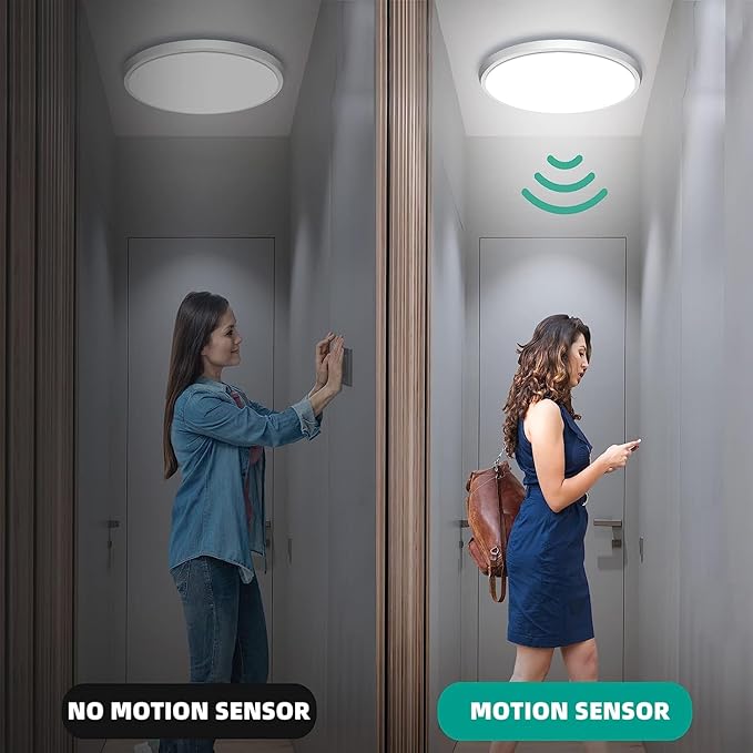 Motion Sensor Ceiling Light Wired - 12 Inch Motion Activated Flush Mount Lighting Fixture - 24W LED Ceiling Light for Closet, Hallway, Porch, Laundry, Garage, Basements - 5000K White
