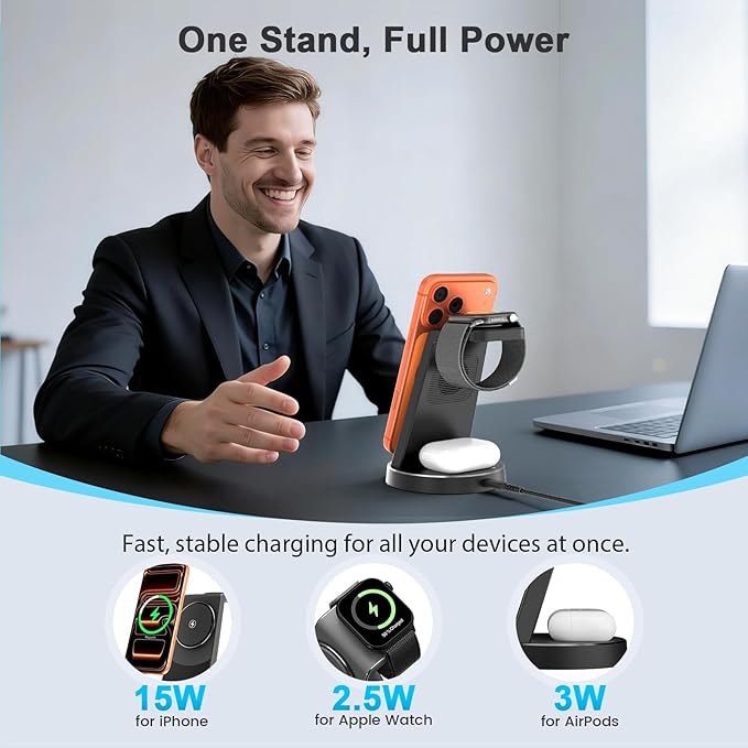 3-in-1 Magnetic Wireless Charger Stand for Apple, 15W Qi2 Fast Charging Station for iPhone 17 16 15 14 13 Pro Max, AirPods, Watch-Desktop Stand with Sleep-Friendly Light, Ideal for Bedside & Desk