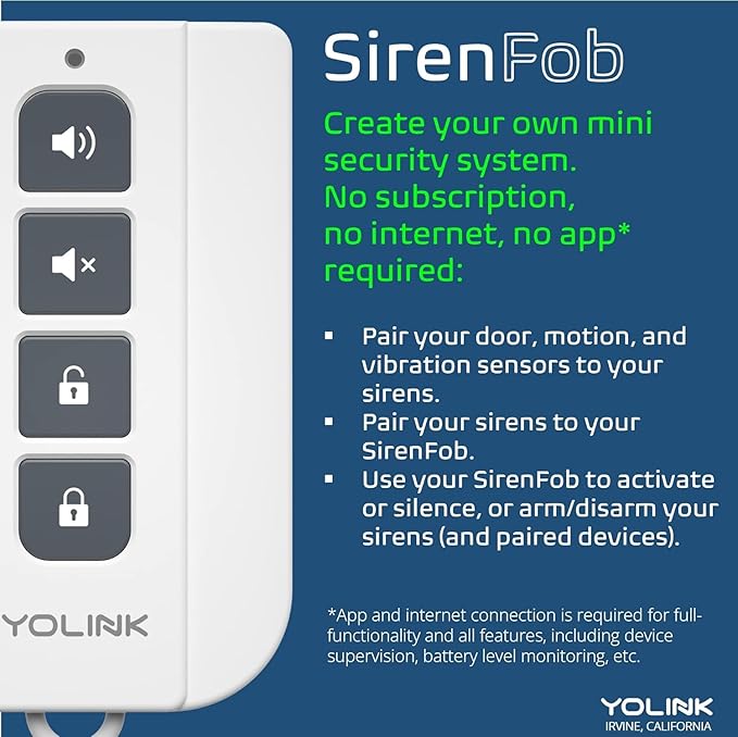 YoLink SirenFob, 1/4 Mile Open-Air Range Siren Controller, Panic Button, Smart Buttons Fob for Use with YoLink Siren Products