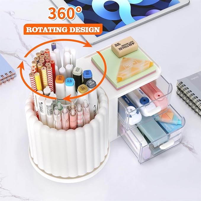 LETURE Rotating Office Desk Organizers and Accessories with 2 Drawer, Pencil Pen Marker Holder for Desk, Desktop Storage Organizers and Accessories for Office Home Art Supplies (White)