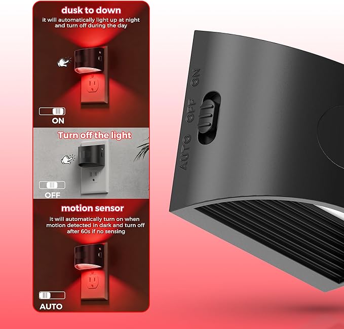 L LOHAS LED Night Light with Motion Sensor & Dusk to Dawn Sensor, Night Lights Plug into Wall with 30-100lm Adjustable Brightness, Dimmable Night Light for Bathroom Hallway, Red, 4 Pack