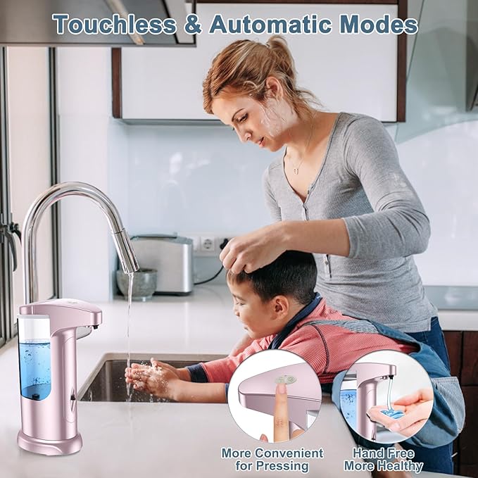 12.5 oz Automatic Liquid Soap Dispenser, Touch-Free Battery Operated Adjustable Soap Dispensing, Volume Premium for Kitchen Bathroom Toilet (Pink)