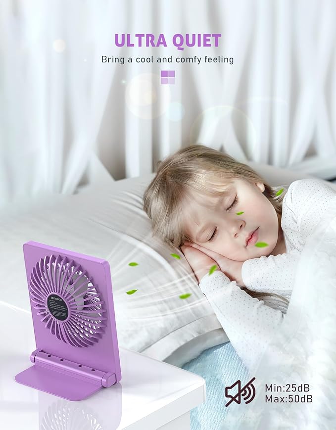 Zuvas Desk Fan Battery Operated Fan Rechargeable 180°Tilt Folding Personal Fan Ultra Quiet Small Portable 3 Speed Adjustable Strong Wind Fan For Office Bedroom Home Desktop Camping (Purple)