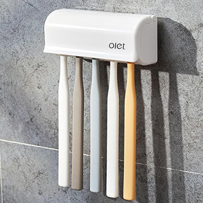Toothpaste Dispenser Wall Mounted 5 Toothbrush Holder with Automatic Toothpaste Squeezer Dispenser Anti-dust Toothbrush Holder Bathroom Accessories for Kids (White 1Pack)