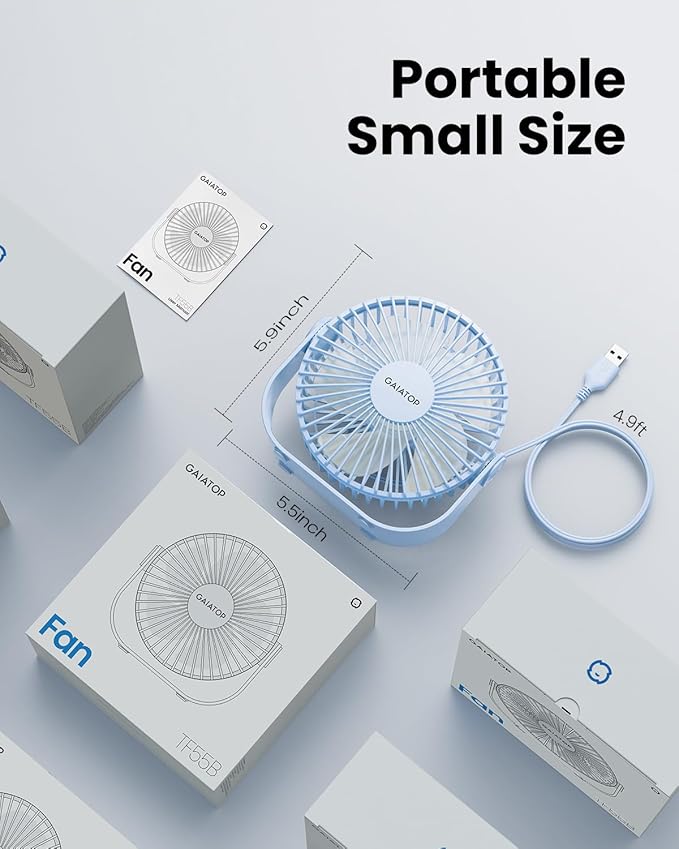Gaiatop USB Desk Fan, 3 Speeds Strong Airflow, 5.5 Inch Portable 90° Rotate Quiet Cooling, Small Personal Table Fans for Bedroom Home Office Travel Blue