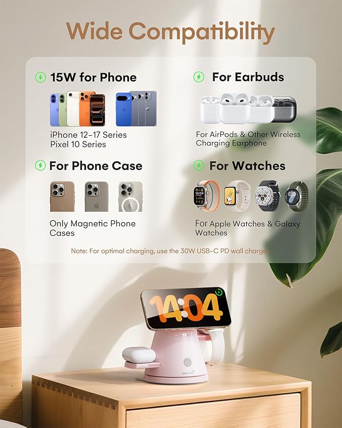 ZEEHOO 3 in 1 Charging Station for Apple Devices,Qi2 Mag-Safe Charger Stand&Light,Fast Wireless Charging Station for iPhone 17/16/15/14/13/12&AirPods&iWatch &Pixel 10&Samsung Galaxy Watch,30W Adapter