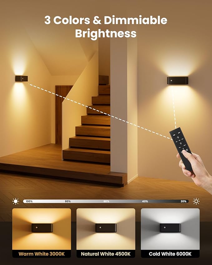 Motion Sensor Wall Sconce Indoor with Remote Control Wall Light LED Wall Sconces Set of Two Rechargeable 8000mAh Battery Operateded Wall Lamps Brightness Adjustable for Stair Closet Bedroom Hallway