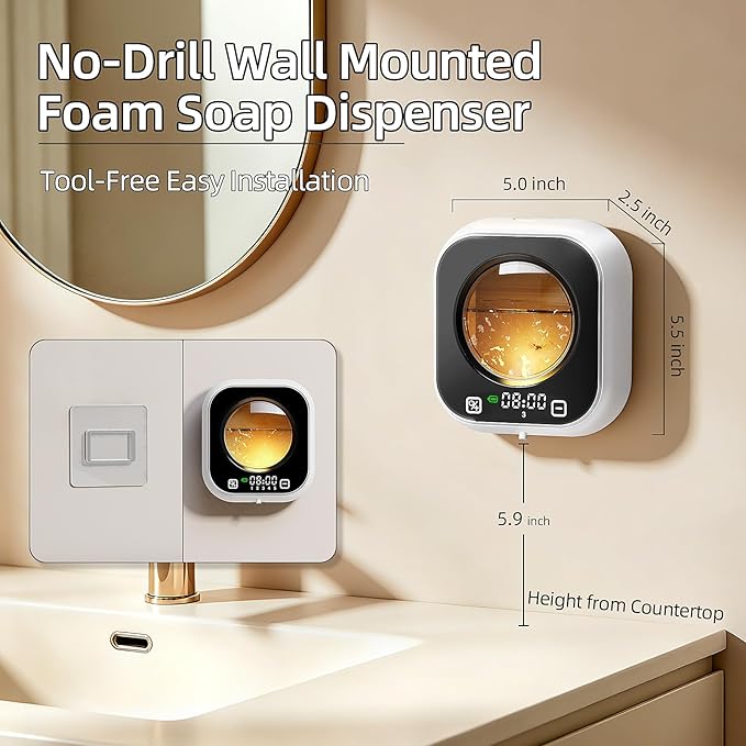 Automatic Foaming Soap Dispenser, Wall Mounted Soap Dispenser, 320ML Electric Smart Touchless Rechargeable, 5 Adjustable Foam Levels, No-Drill Waterproof for Bathroom, Kitchen, Office (White)