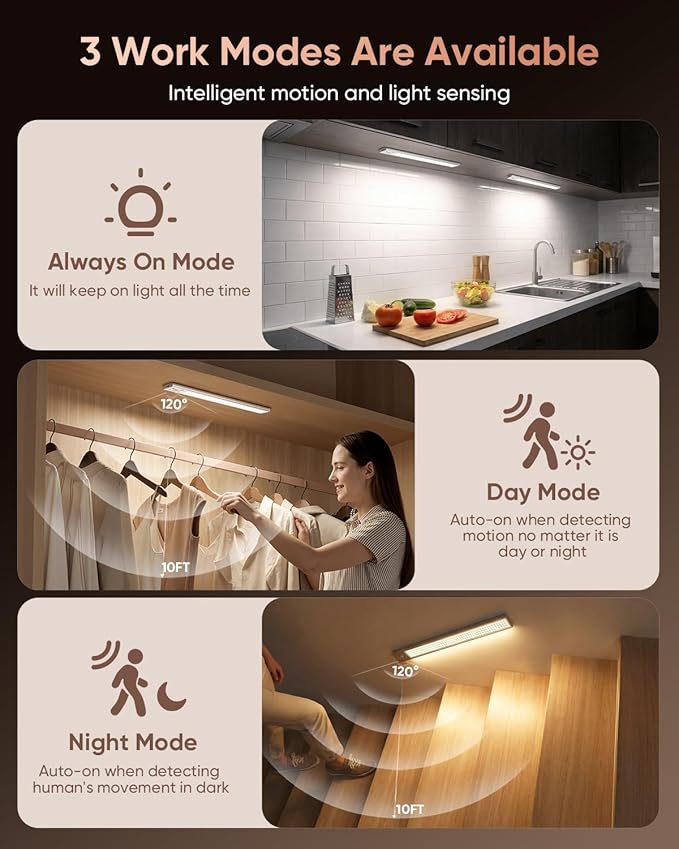 12inch Under Cabinet Lighting Wireless, 152LED Motion Sensor Light Indoor, USB Rechargeable Closet Lights, 3 Color Temps & Dimmable, Stick On Under Counter Lights for Kitchen, Pantry, Stairs, 5 Pack