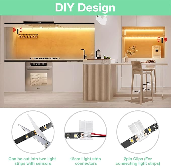 WOBANE Dual Motion Activated LED Strip Light,Rechargeable 16.4ft Light Strip,Battery Powered Tape Light for Under Cabinet,Bed,Shelves,Anywhere,PIR Detector,Cuttable,Flexible,2700K Warm White,Black