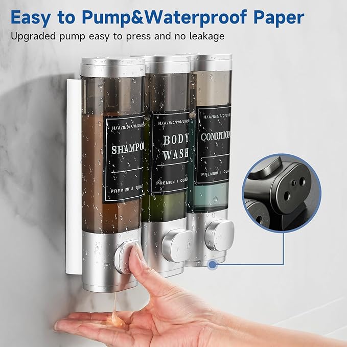 Shampoo and Conditioner Dispenser,Shower Dispenser 3 Chamber No Drill Wall-Mounted Shampoo Dispenser for Shower Wall Mounted Body Wash Dispenser for Bathroom Hotel Kitchen Large Capacity,Silver