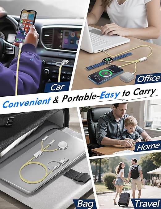 1Pack Multi Charging Cable Cord for Travel Essentials,Apple Watch Charger,iPhone Charger,[3-in-2] Type C/Lightning Cable Portable Designed for iWatch,iPhone 17-8,Galaxy S25-21,AirPods,iPad-4FT Yellow