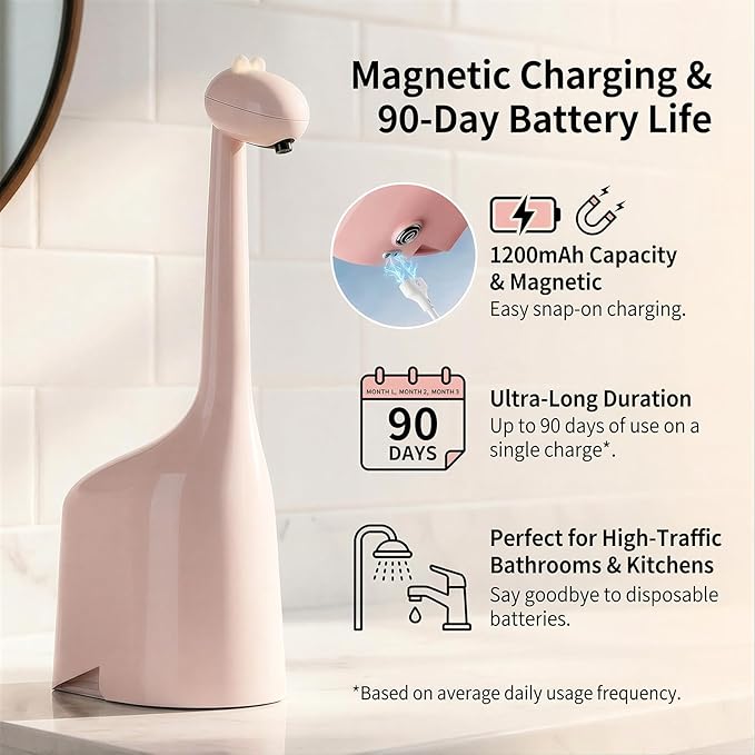 Automatic Soap Dispenser,Cute Dinosaur, Touchless, Rechargeable Foaming Soap Dispenser, 10oz/300ml, 3-Level Adjustable Foam, IPX5 Waterproof for Bathroom, Kitchen, Hotel,Restaurant, Pink