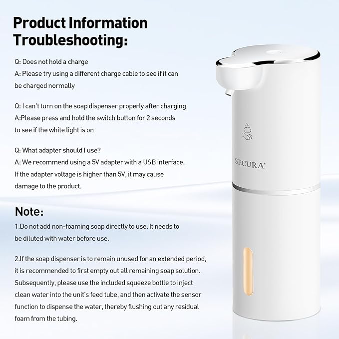 Secura Foaming Soap Dispenser, 10oz/300ml Touchless Automatic Soap Dispenser with Adjustable Volume Control, Rechargeable Hands Free Soap Dispenser for Kitchen, Bathroom (White)