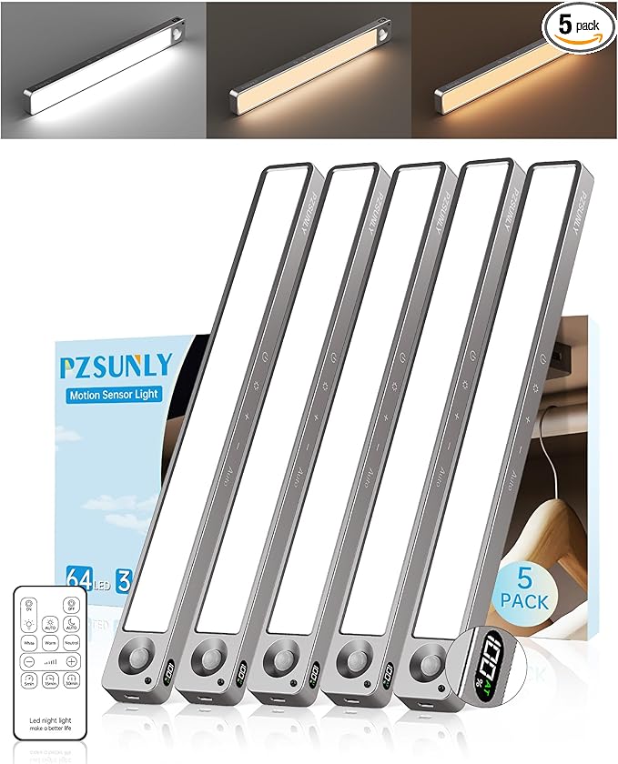 14.2inch Under Cabinet Lighting Wireless,Rechargeable Motion Sensor Light Indoor,3 Colors Dimmable,Magnetic Closet Lights with Remote,Under Counter Lights for Kitchen,Dark Gray 5Pack