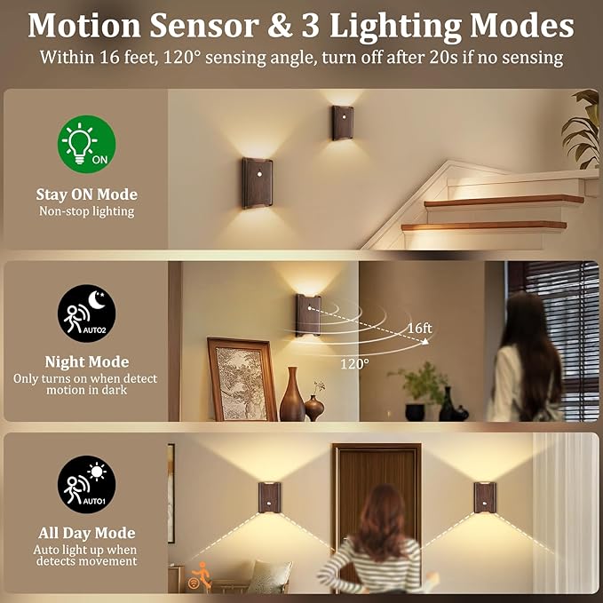 Rechargeable Motion Sensor Wall Light - 3 Colors Battery Powered Wireless Wall Sconces Set of Two with Remote, Magnetic Motion Sensor Stair Lights Indoor Night Light for Bedroom Hallway Closet, Walnut