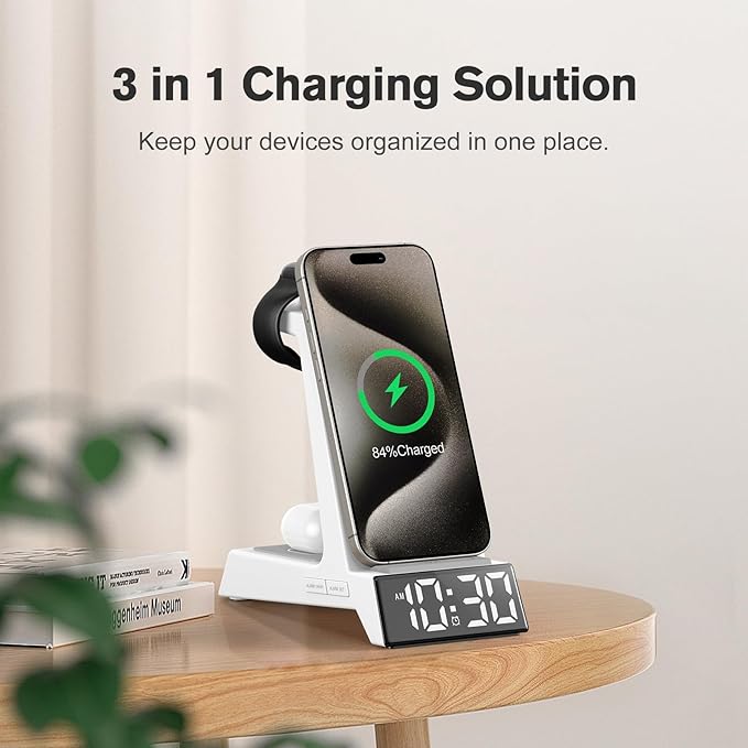 ANJANK 4 in 1 Alarm Clock with Wireless Charging, Wireless Charger Station for Multiple Devices Apple,Charging Dock for iPhone 17 16 15 14 13 12 Pro Max Series, Apple Watch, AirPods Pro 3/Pro 2/4/3/2