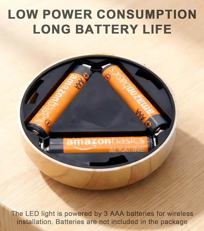 Wood Grain LED Puck Light, 6 Pack Wireless Tap Light Battery Operated, 6000K Daylight White Push Light for Under Cabinet, Closet, Wardrobe, Shelf