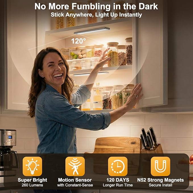 BLS 14.8inch Under Cabinet Lighting, 126 LED Motion Sensor Light Indoor, 2500mAh Rechargeable Wireless Closet Lights, 4 Sensor Modes, 3 Color Dimmable Magnetic Under Counter Lights for Kitchen, 2 Pack