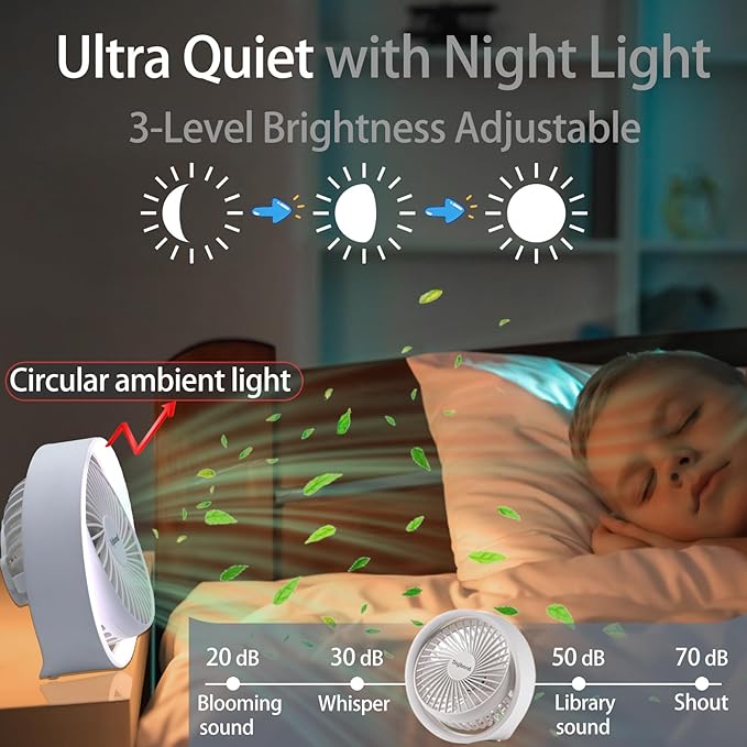 Digibond Small Desk Fan, Ultra Quite USB Fan Portable 3000mAh Rechargeable Battery Operate, High Power 3 Speed 5.3in With Ambient Light/Hook 180°Rotated Easy Clean (White)
