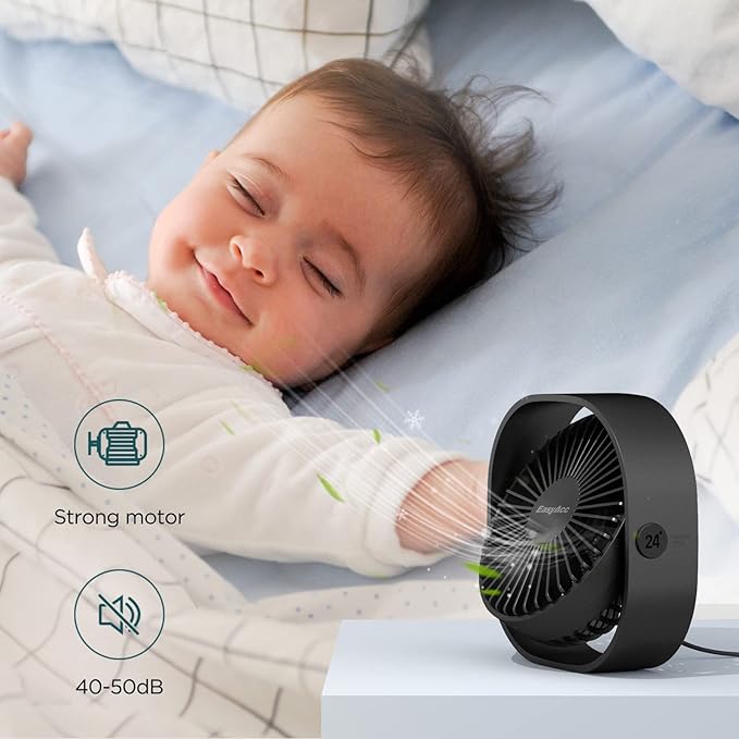 EasyAcc USB Small Desk Fan, Slumber Pod Fan [360°Rotatable Head &Powerful ] 3 Speeds Portable Personal Table Travel Fan for Sleeping Desk Cruise Ship Dorm Bedroom Office Office (No Battery)