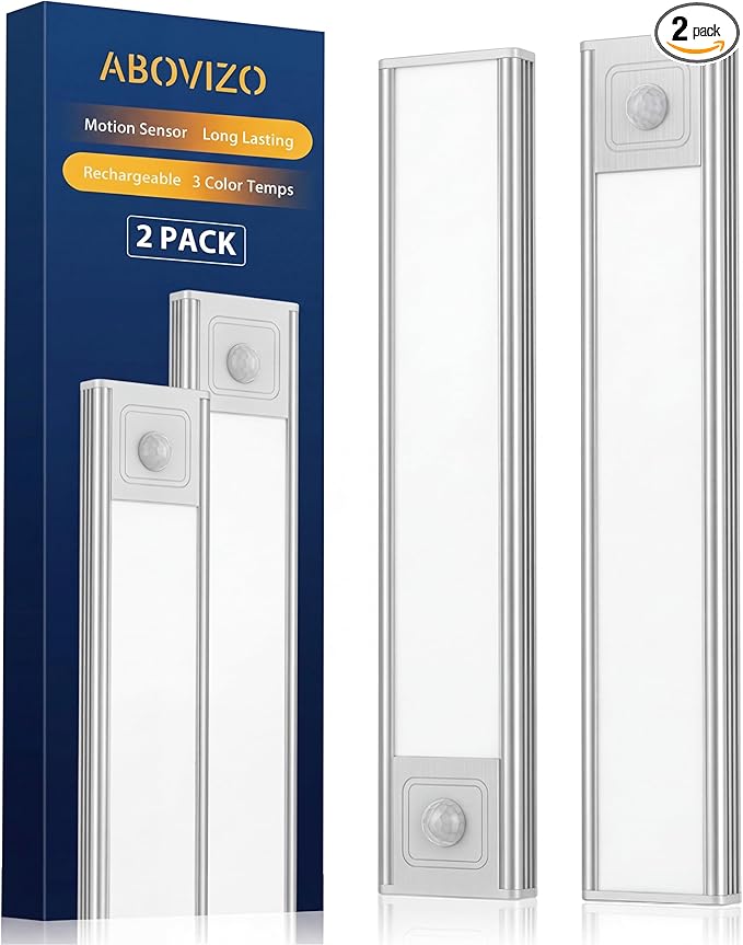 Abovizo 2 Pack Under Cabinet Lighting, 3 Color Temps, Battery Operated Motion Sensor Light Indoor, Dimmable Under Counter Lights for Kitchen Stairs Closet Pantry