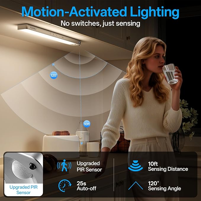 14.2inch Under Cabinet Lighting Wireless,Rechargeable Motion Sensor Light Indoor,3 Colors Dimmable,Magnetic Closet Lights with Remote,Under Counter Lights for Kitchen,Silver 2Pack