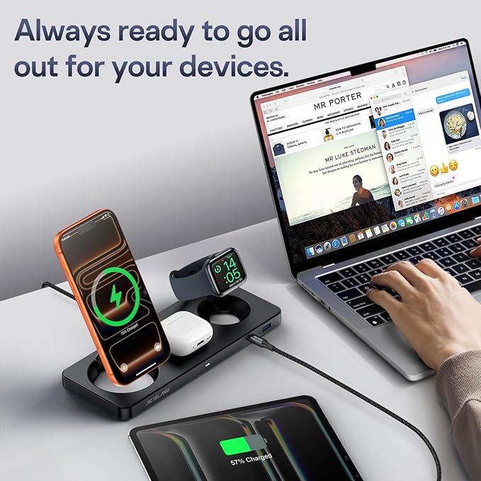 AC ISLAND 5-in-1 Qi2.2 Wireless Charger for MagSafe, 25W Foldable Magnetic Stand, Travel Charging Station for iPhone 17-12 & Air Series, Apple Watch, AirPods, with 65W GaN Adapter (Black, for Apple)