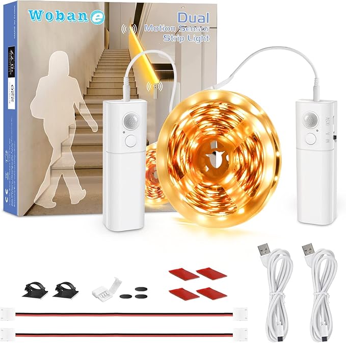 WOBANE Dual Motion Sensor Under Bed Lights,Rechargeable 16.4ft LED Light Strip,Battery Powered Tape Light for Shelves,Cabinet,Anywhere,PIR Detector,Cuttable,Flexible,2700K Warm White