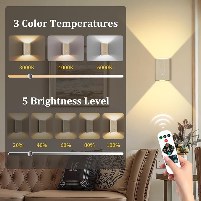 4 Pack Rechargeable Wall Sconce: Battery Operated Motion Sensor Wall Light with Remote, Magnetic Motion Sensor Stair Light Indoor, 3CCT Dimmable Wireless Wall Lamp for Bedroom Hallway Closet, Beech