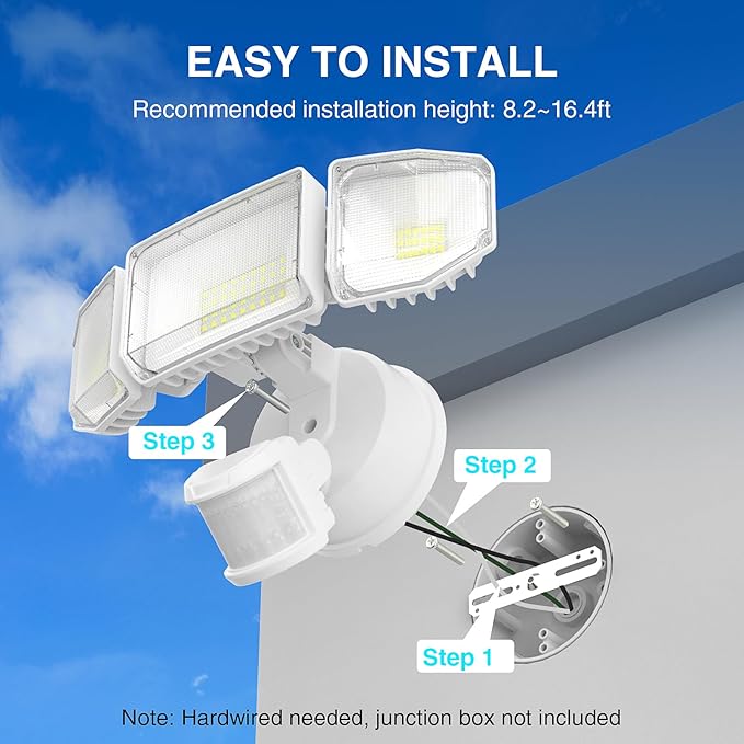 Abovizo 85W LED Security Lights Motion Sensor Light Outdoor, 8500LM Dusk to Dawn, IP65 Waterproof, 6500K, 3 Head Motion Detected Flood Light, Floodlight for Outside, Garage, Yard, Porch (White)